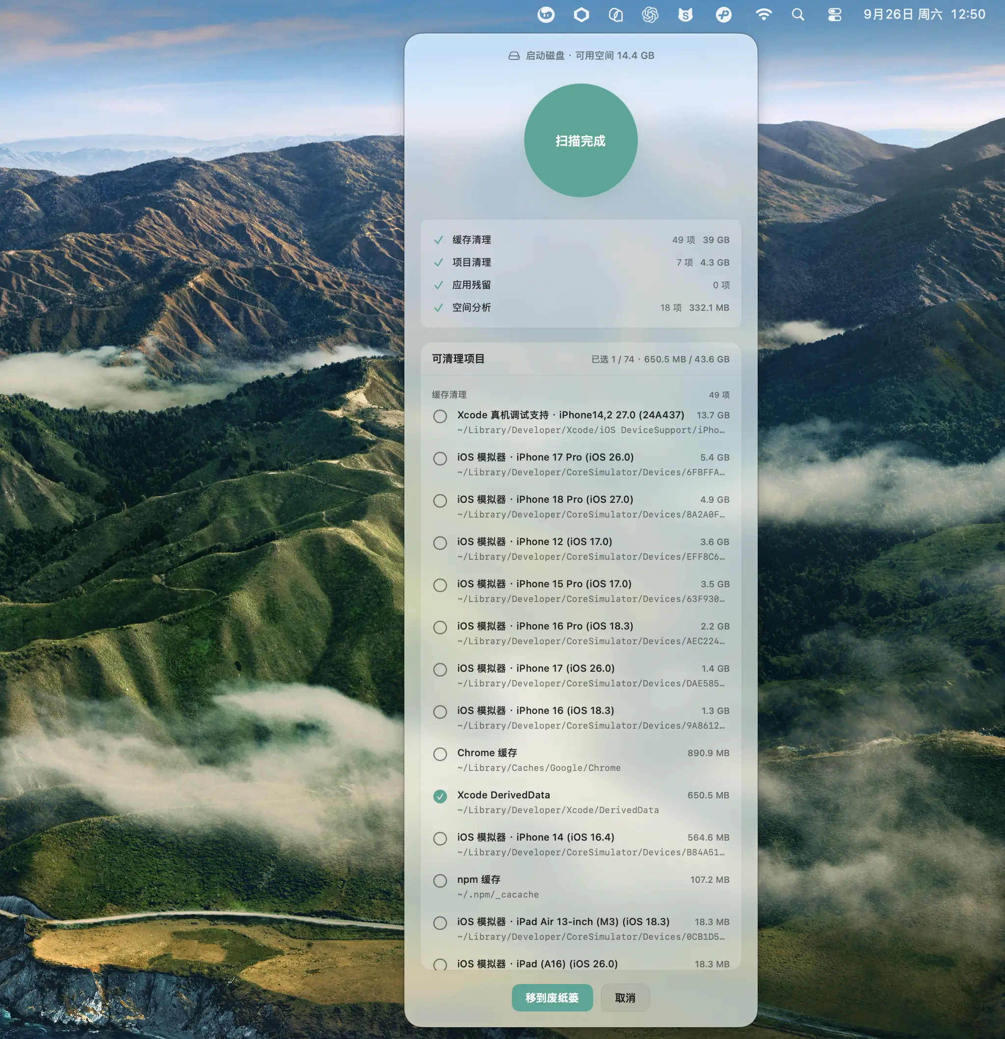 CleanU 勾选待清理项目的列表